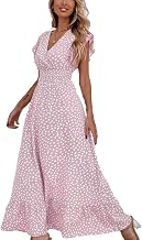 BSLVWG Women's Lotus Petal Short Sleeve V-Neck Floral Summer Beach Holiday Skirt Sun Casual Long Dress