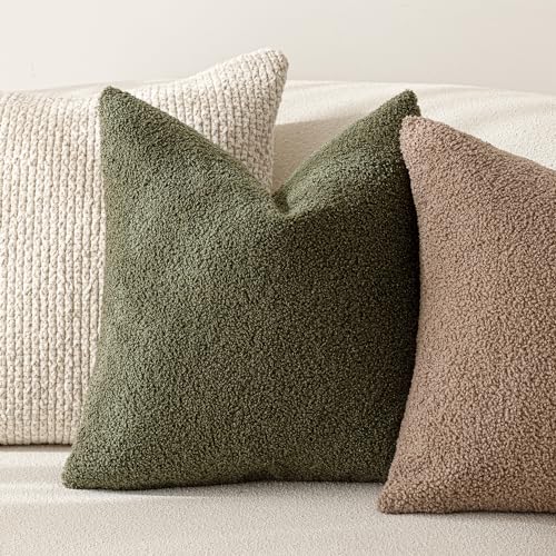 Image of Foindtower Pack of 2, Curly Faux Fur Decorative Throw Pillow Covers Soft Fuzzy Plush Cushion Case with Zipper Cozy Pillowcase for Home Living Room Couch Bed Sofa 16 x 16 Inch, Moss Green