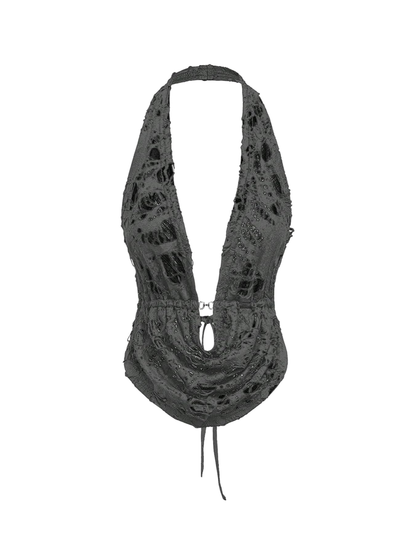 Verdusa Women's Y2k Rave Ripped Cowl Neck Halter Tops Tie Back Sexy Top: Small Grey