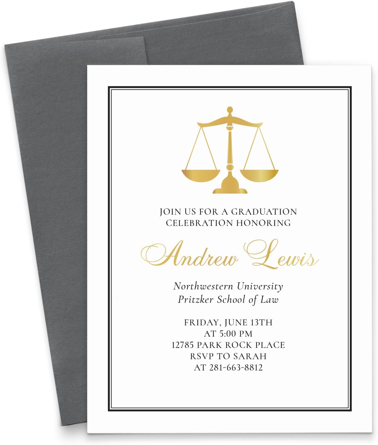 Law School Graduation Invitations 2026 Personalized, Custom Grad Party Invites and Envelopes, Law School Graduation Announcement Cards Black and Gold, Your choice of Quantity and Envelope Color