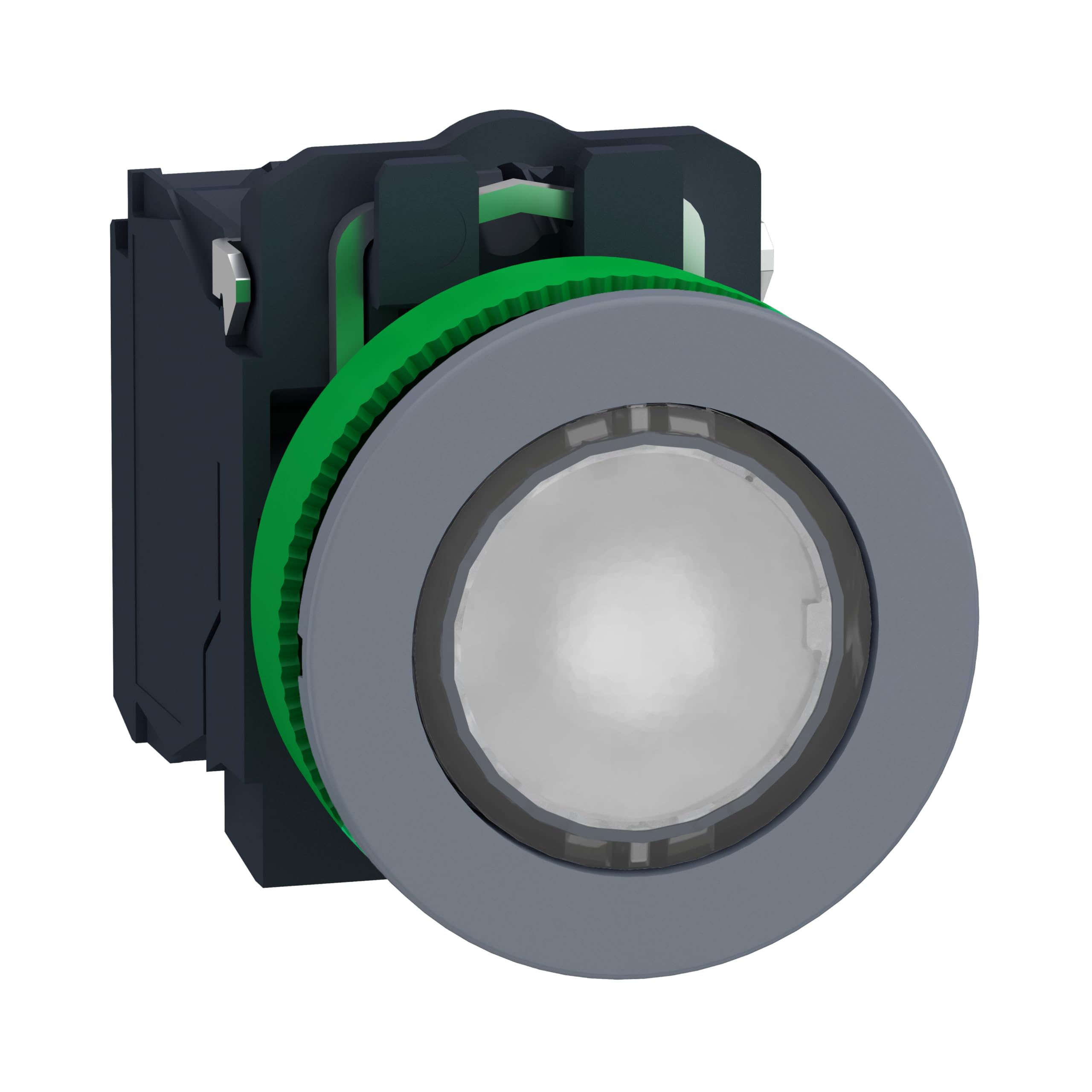 Pulsador luminoso blanco LED de 24VAC con contacto 1NA+1NC para cuadro eléctrico