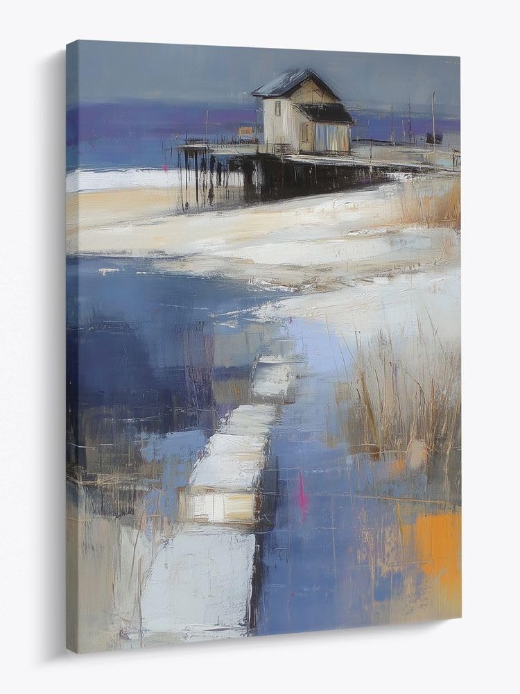 artissimo Leinwandbild Bild 50x70 cm Hochformat AG5688 – abstrakte Malerei Meer mit Strandhaus, moderne Kunst auf Leinwand, maritime Wanddeko