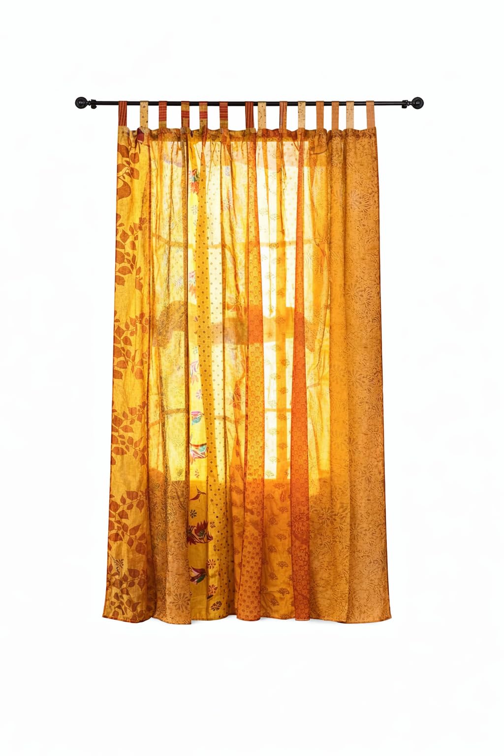 AFFERTO Home Decorative Silk Sari Curtains Unique Patchwork Design Light Filtering Window Panels for Living Room and Bedroom 84-inch Length (Yellow)