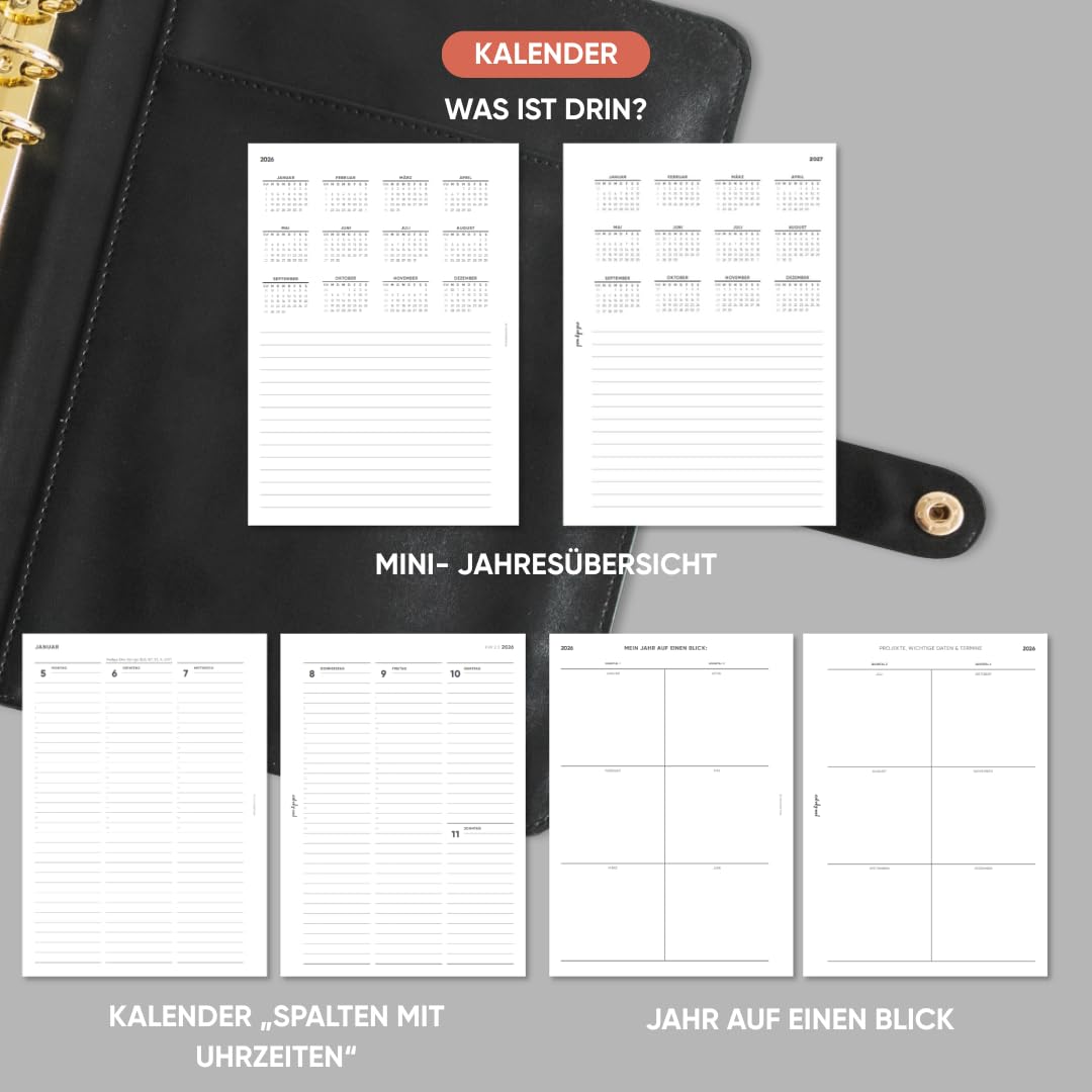 pen & pages® Kalender 2026 "Spalten mit Uhrzeiten" 1 Woche auf 2 Seiten DIN A5 Kalendereinlage für Ringbuch mit Monatsübersicht Jahresübersicht DACH Feiertagen 6 fach Lochung (All-in-One)