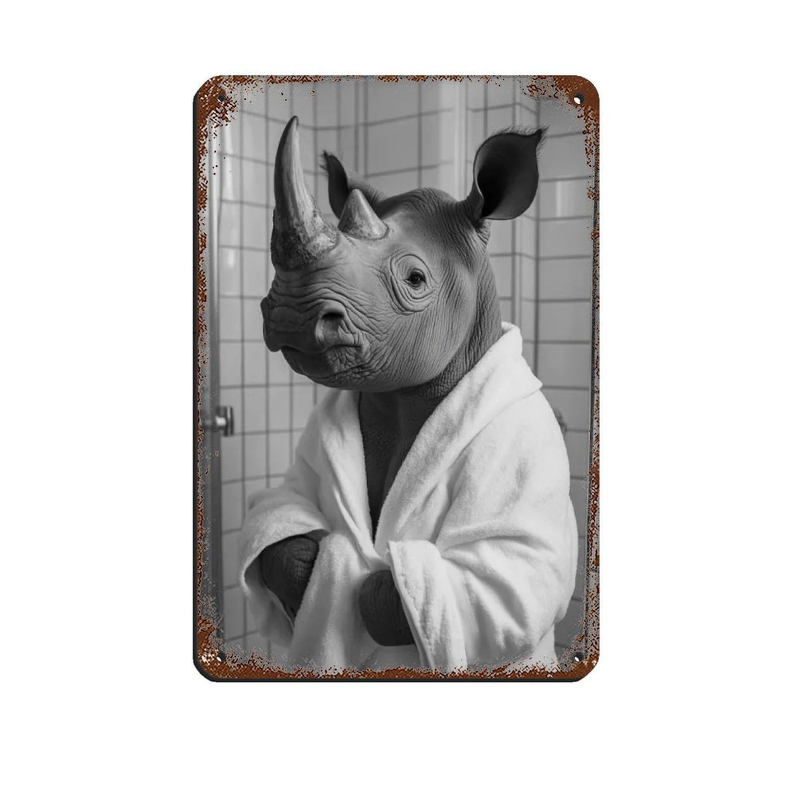Rhino in A Bathrobe, Funny Bathroom Art Retro Poster Metal Tin Sign Chic Art Retro Iron Painting Bar People Cave Cafe Family Garage Poster Wall Decoration 8x12inch(20x30cm)