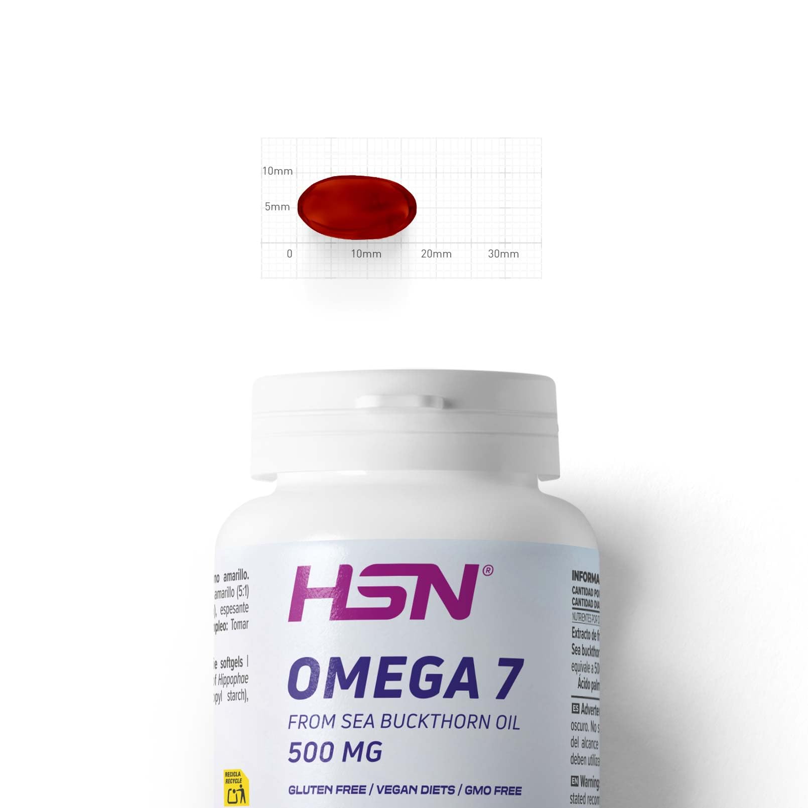 HSN Omega 7 Vegano - Aceite de Espino Amarillo 500mg | 120 Perlas Veganas | Extracto 5:1 Estandarizado 35% Ácido Palmitoleico - Apoyo Colesterol y Cuidado de Piel y Mucosas | Sin Gelatina Animal