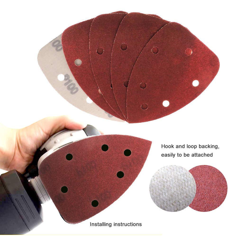 50PCS 140 * 98 mm Hojas de lija de 6 orificios Triángulo Detalle de ratón Gancho de papel de lija amp; Disco de lijado abrasivo Loop Grits para lijado de madera, surtido