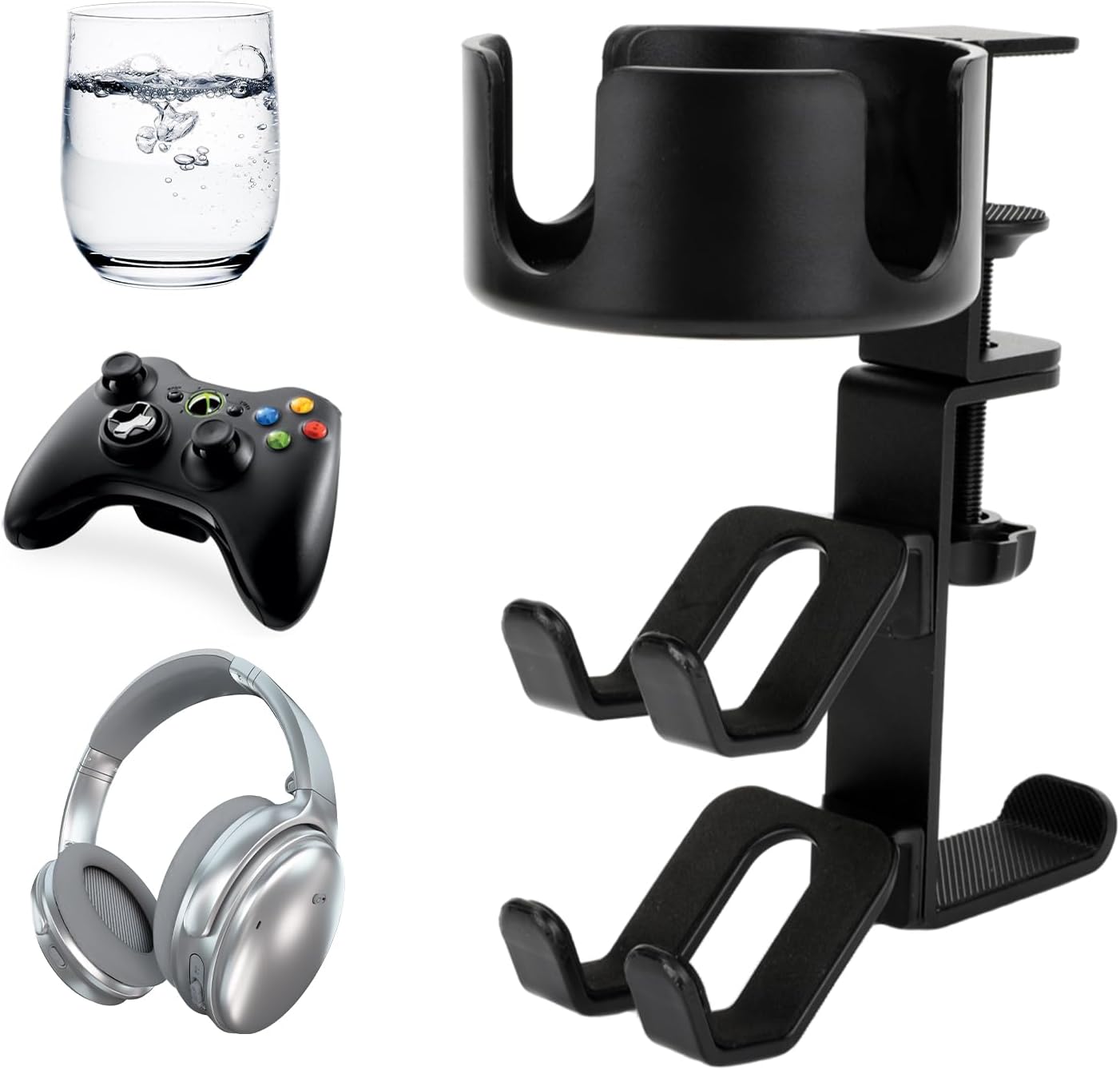 Desk Controller Holder with Headphone Hanger, 360° Rotating 3 in 1 Desk Anti-Spill Cup Holder with Headset Stand, Aluminum and Plastic