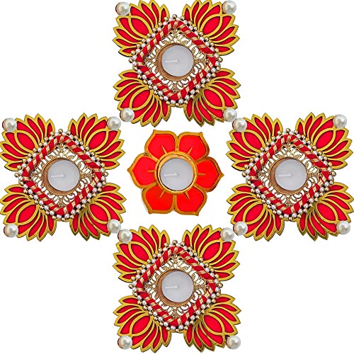 Diwali Decorative 4 Red Lotus Joint MDF Rangoli with Flower Diya Tea Light Candles - for Home Temple Floor Rangoli Decoration Pooja Festival New Year Deepawali Ganesha chaturthi durgapuja