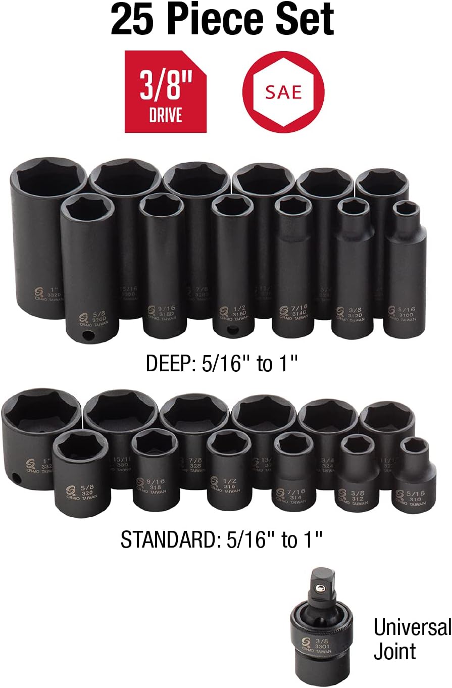 SUNEX TOOLS 2668, 1/2 Inch Drive Master Impact Socket Set, 39-Piece, SAE, 3/8" & 3325 3/8-Inch Drive SAE Master Impact Socket Set., Standard/Deep, 6-Point, Cr-Mo, 5/16-Inch