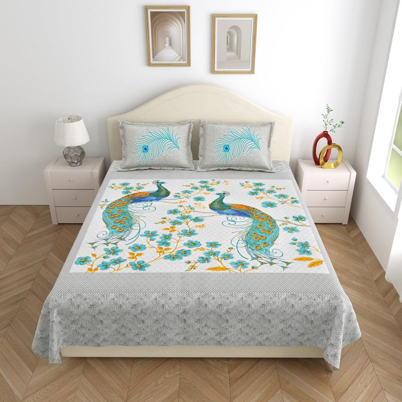 KOTTS & STITCH Jaipuri Peacock Maharaja Cotton Double Bedsheet | with 2 Pillow Covers | 93×108, Fast Colors, Traditional Jaipuri Print, No Skrinage, 210 TC | Blue, Green & Orange Colour