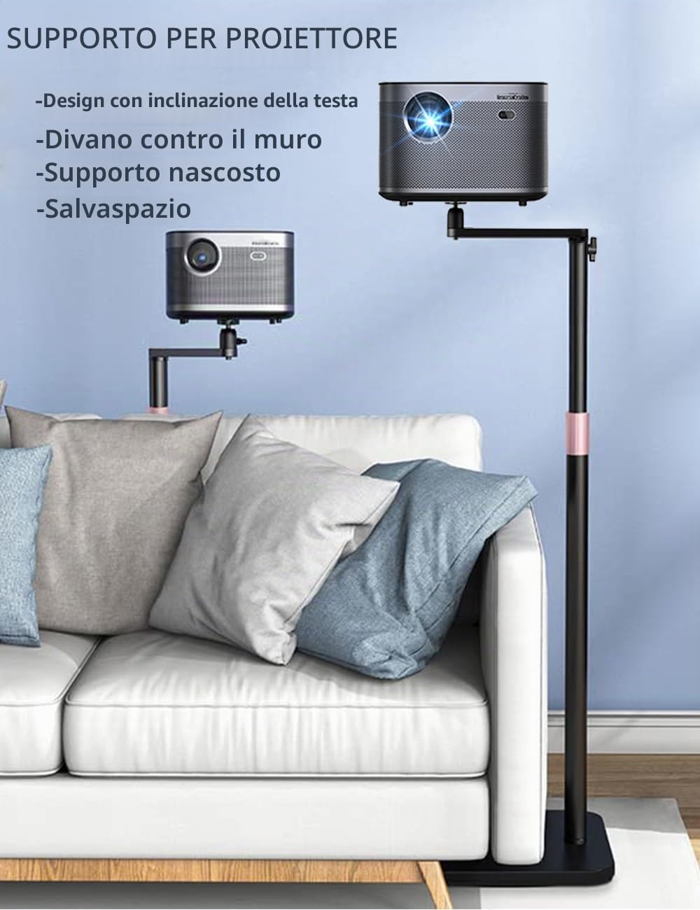 Supporto per proiettore, supporto per proiettore, girevole a 360°, regolabile in altezza, a forma di L, supporto da pavimento nascosto, compatibile con XGIMI Nebula, VANKYO, Jinhoo, AuKing