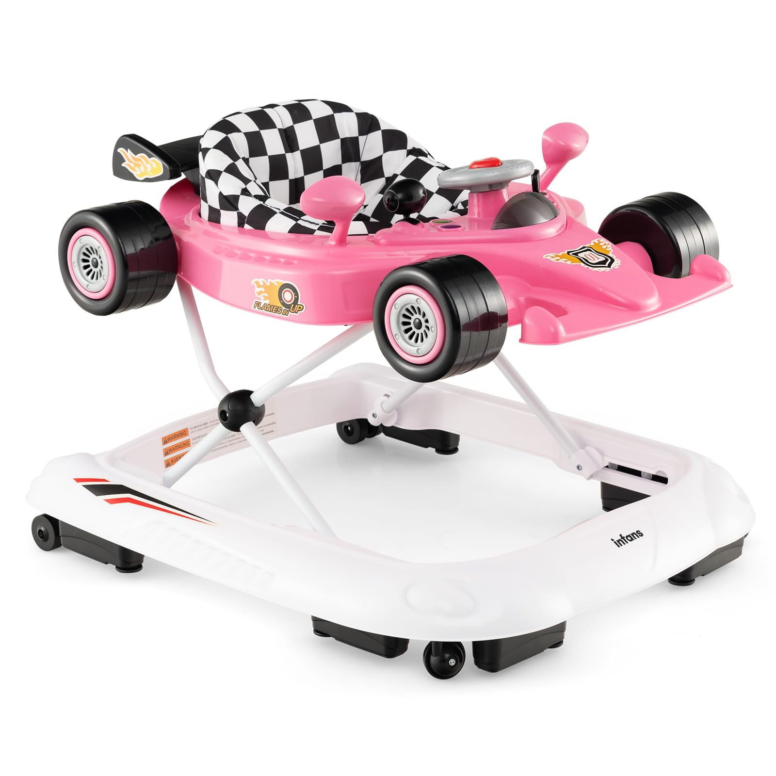 Andador plegable para bebés INFANS 3 en 1, centro de actividades para niños pequeños, asiento inclinado, para caminar detrás, con volante, altura ajustable, luces, música, cojín de asiento lavable, color rosa