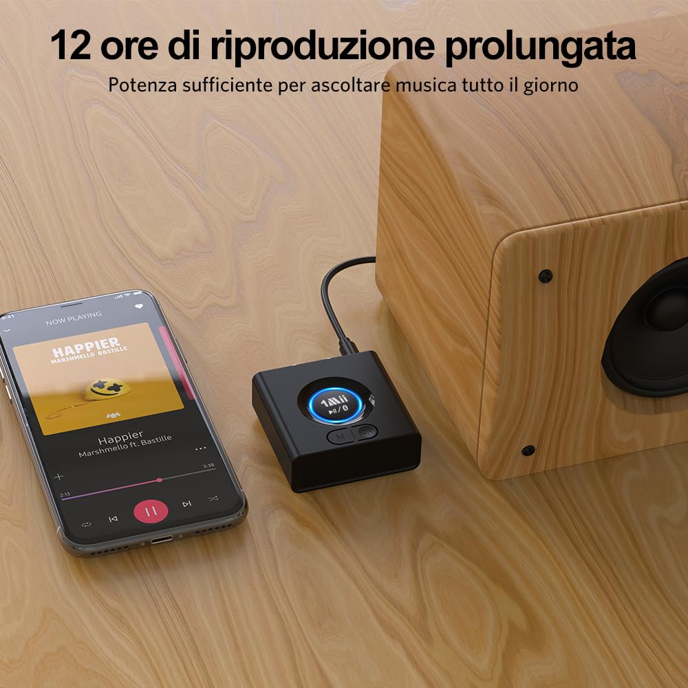 1Mii Ricevitore Bluetooth Senza Fili HiFi, Adattatore Audio Bluetooth RCA/AUX 3,5mm per Impianto Stereo, Autonomia 12H, Bassa Latenza