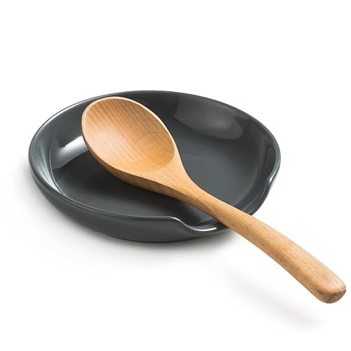 Miamolo Porcelain Spoon Rest with Drip Tray for Multiple Utensils, Cooking Spoon Rest & Spoon Holder for Stove Top, Kitchen Utensil Holder for Spoons, Ladles, Tongs & Spatula, for Christmas, Gray