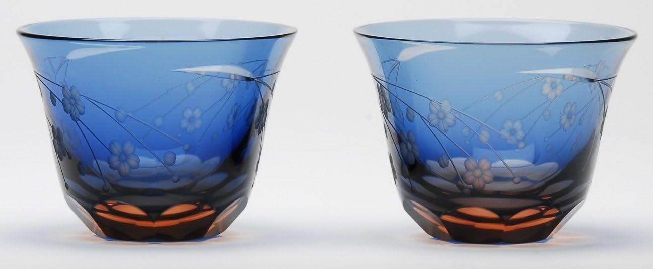 Japanese Edo-Kiriko (Cut Glass) Sake Cups A Pair of Cherry Blossom Pattern