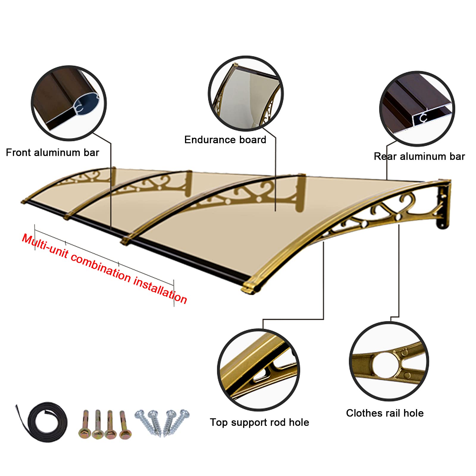 Pensilina Tettoia per Porta Balcone Esterno,Copertura in Policarbonato,Tenda Porta o Finestra Rain Snow Shelter,60/130/200/290/380/450cm,Marrone/Staffa Champagne (60x120cm/24"x47")
