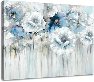 Woxfcart Bathroom Flowers Canvas Wall Art, Blue and White Floral Pictures for Gray Bedroom Powder Room Decoration 15 x 12 In