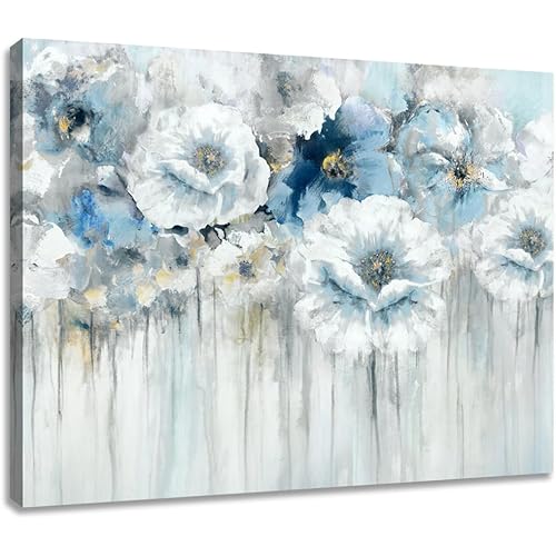 Woxfcart Bathroom Wall Art Abstract Flowers - White Floral Painting Artwork on Canvas with Gold Pictures for Blue Gray Bedroom Decor 15x12