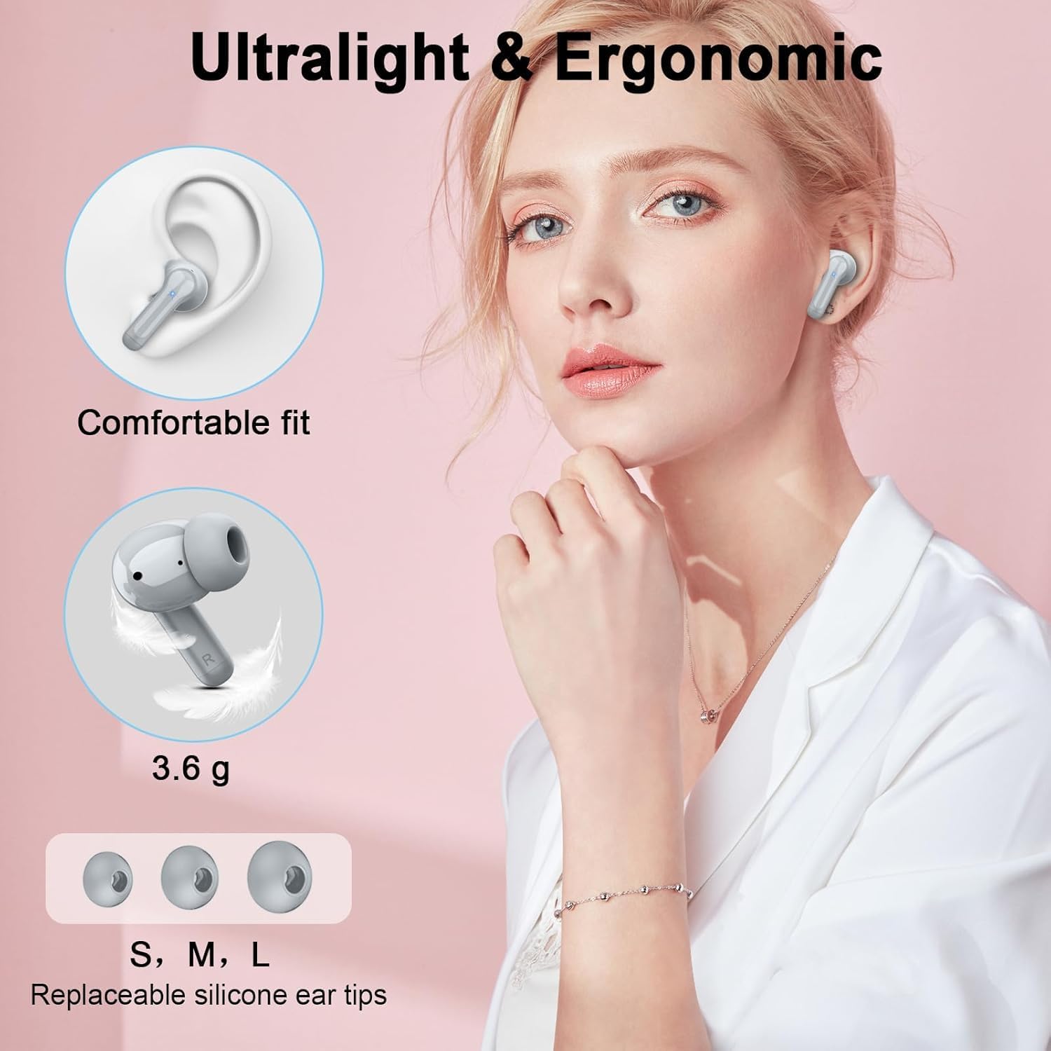 Wireless Earbuds, 2025 Bluetooth 5.4 Headphone 3D Bass Hi-Fi Stereo Ear Buds, 4 ENC Noise Cancelling Mic, 40H 3g USB-C in-Ear Earphone, IP7 Waterproof Workout Sport for Laptop Pad Android iOS, Grey - Image 6