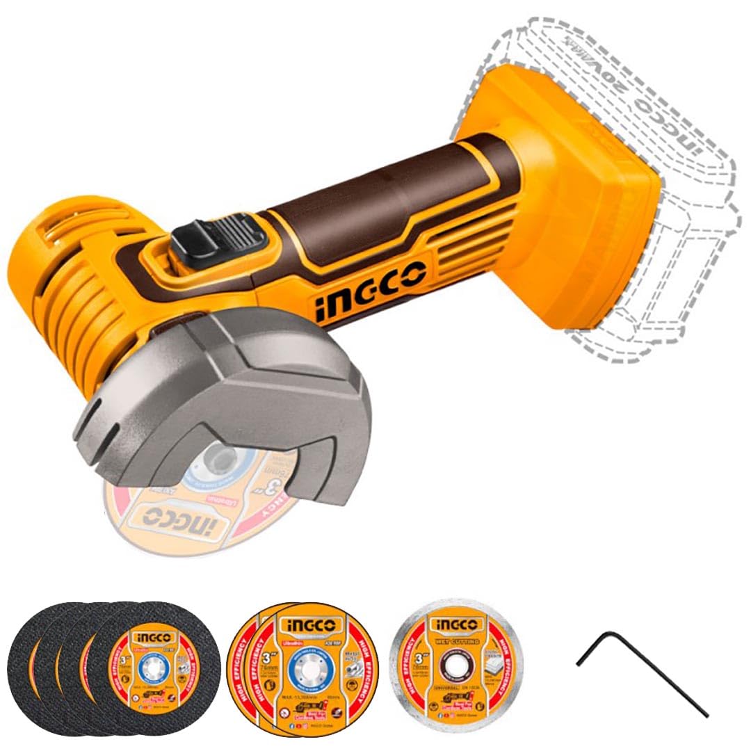 Mini amoladora angular Ingco Cagli76011 de 20V con motor compacto para acabados de alta precisión