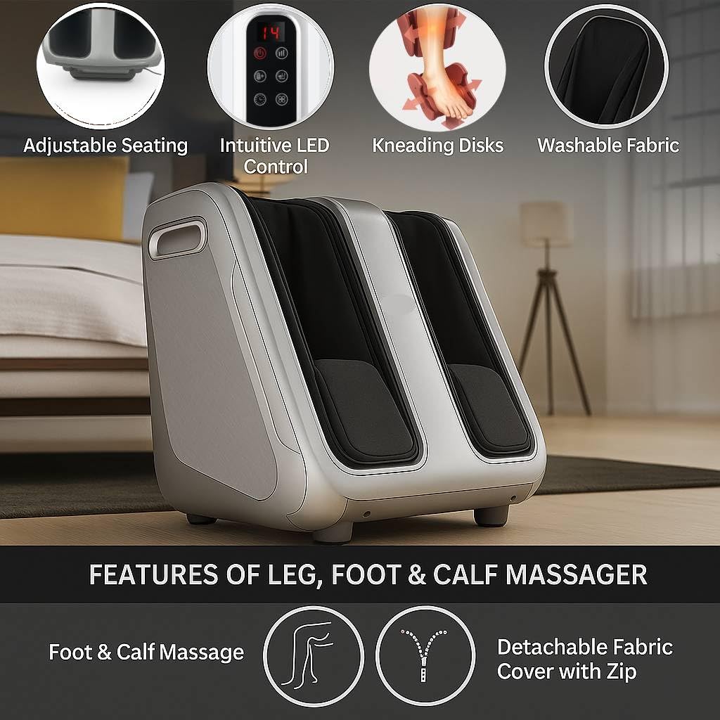 Rym foot and calf massage with heat - Shiatsu air compression, rolling for pain relief, rolling and deep insertion, planter fascia, blood circulation booster, remote control - Silver | 80W | 4 motors Rym foot and calf massage with heat - Shiatsu air compression, rolling for pain relief, rolling and deep insertion, planter fascia, blood circulation booster, remote control - Silver | 80W | 4 motors