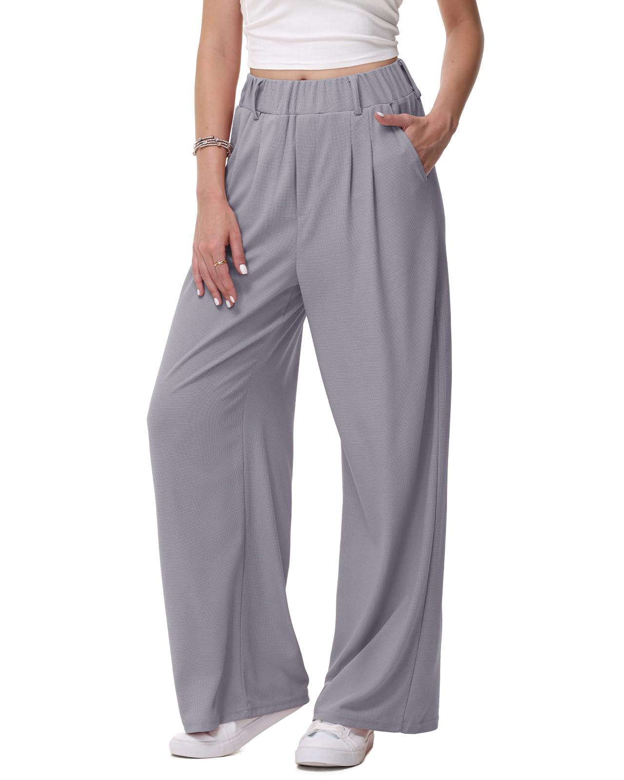 HMIYA Weite Hosen Damen-Bügelfreie Lässig Leichte Stoffhose Locker Palazzo Hose Hohe Taille Sommer Freizeithose mit Tasche,Grau,M/34L