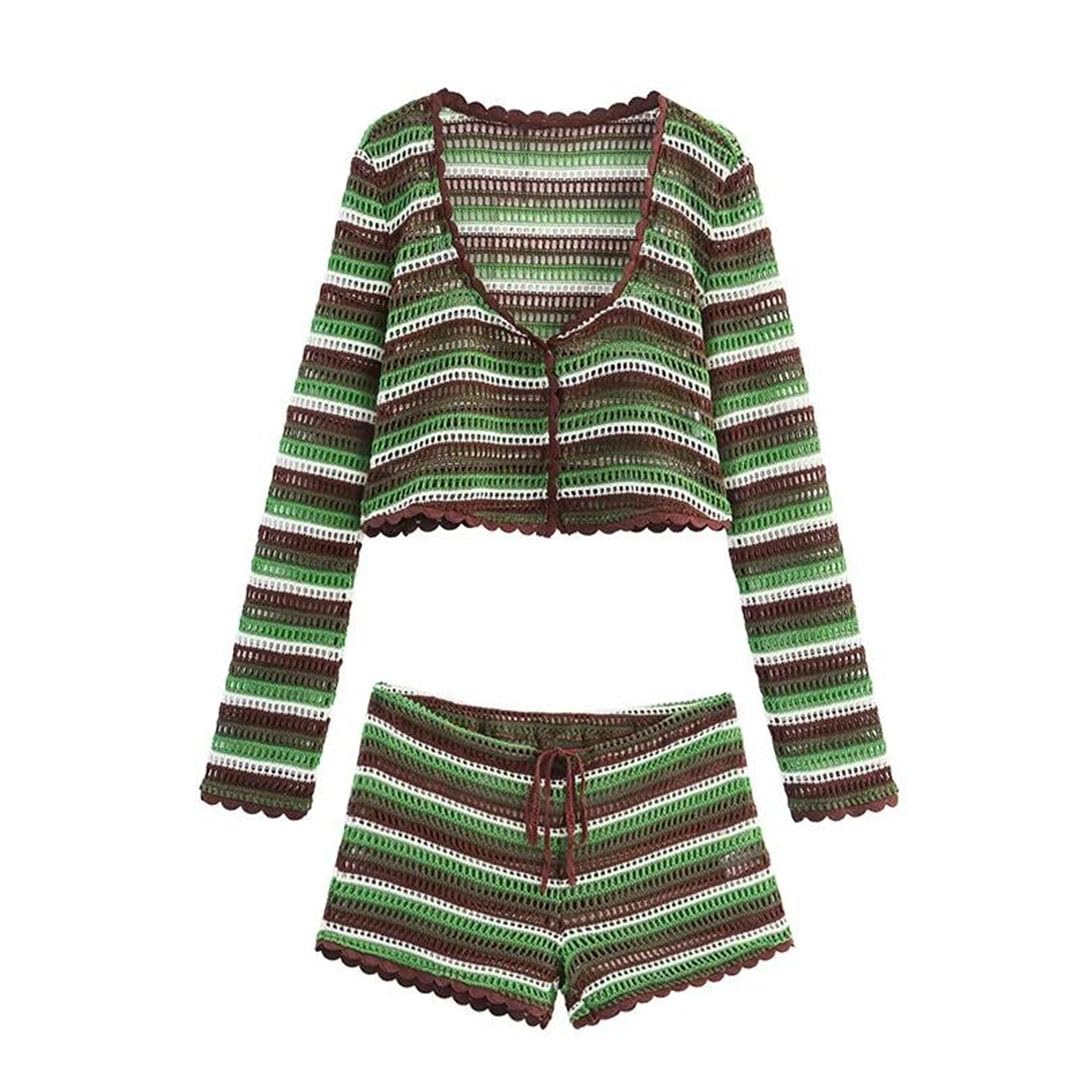 Women Knitted Coat Top Suits Casual Tied Elastic Waist Shorts Two Pieces Sets