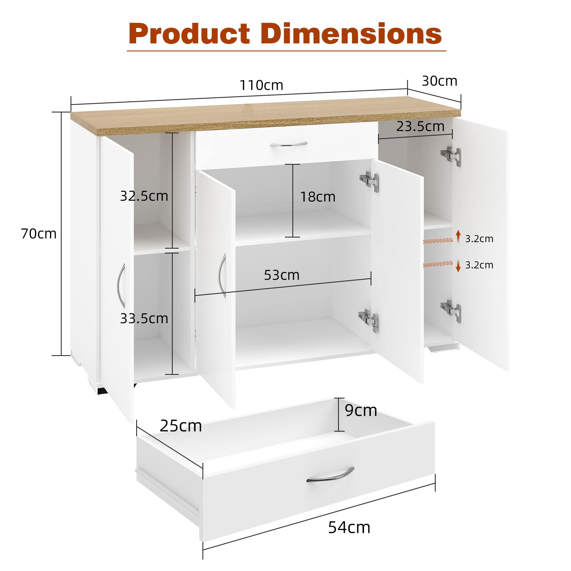 Credenza Cucina Moderna 110×30×70 cm, Mobile Cucina Salvaspazio con 1 Cassetto e 4 Ante, Madia Cucina Antiribaltamento, Legno MDF, Bianca