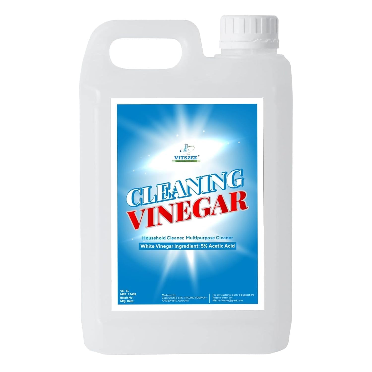 VITSZEE Antibacterial Distilled Cleaning White Vinegar 5L for Surface Cleaner, Glass Stainless Steel, Vegetables fruits washer, Removes Stains, Grease, Natural Cleaning for Kitchen, Bathroom, Floors