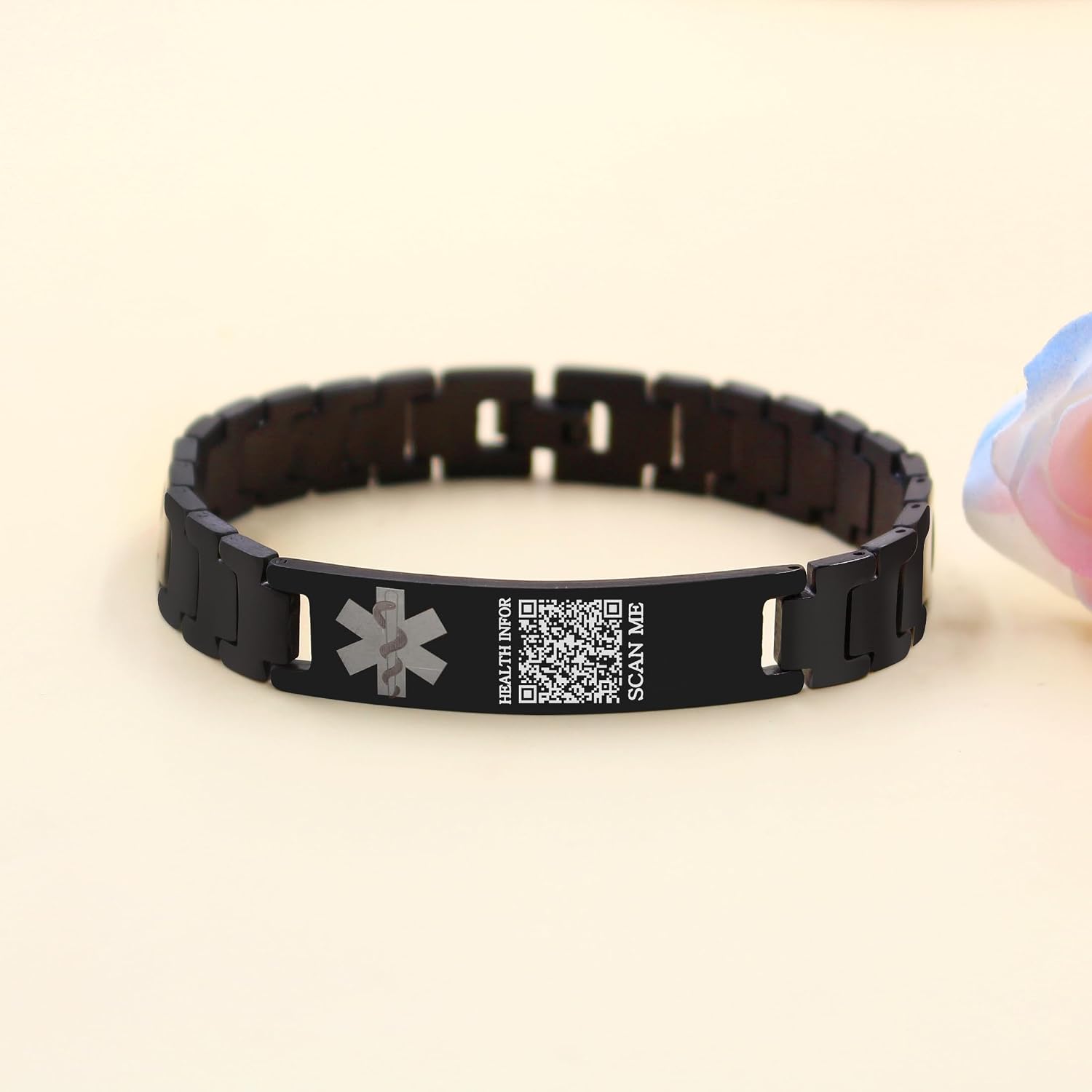 Uloveido Editable QR Code Medical ID Bracelet, Stainless Steel, Personalized Scannable Emergency Health Information Wristband with Link Remover Y5310