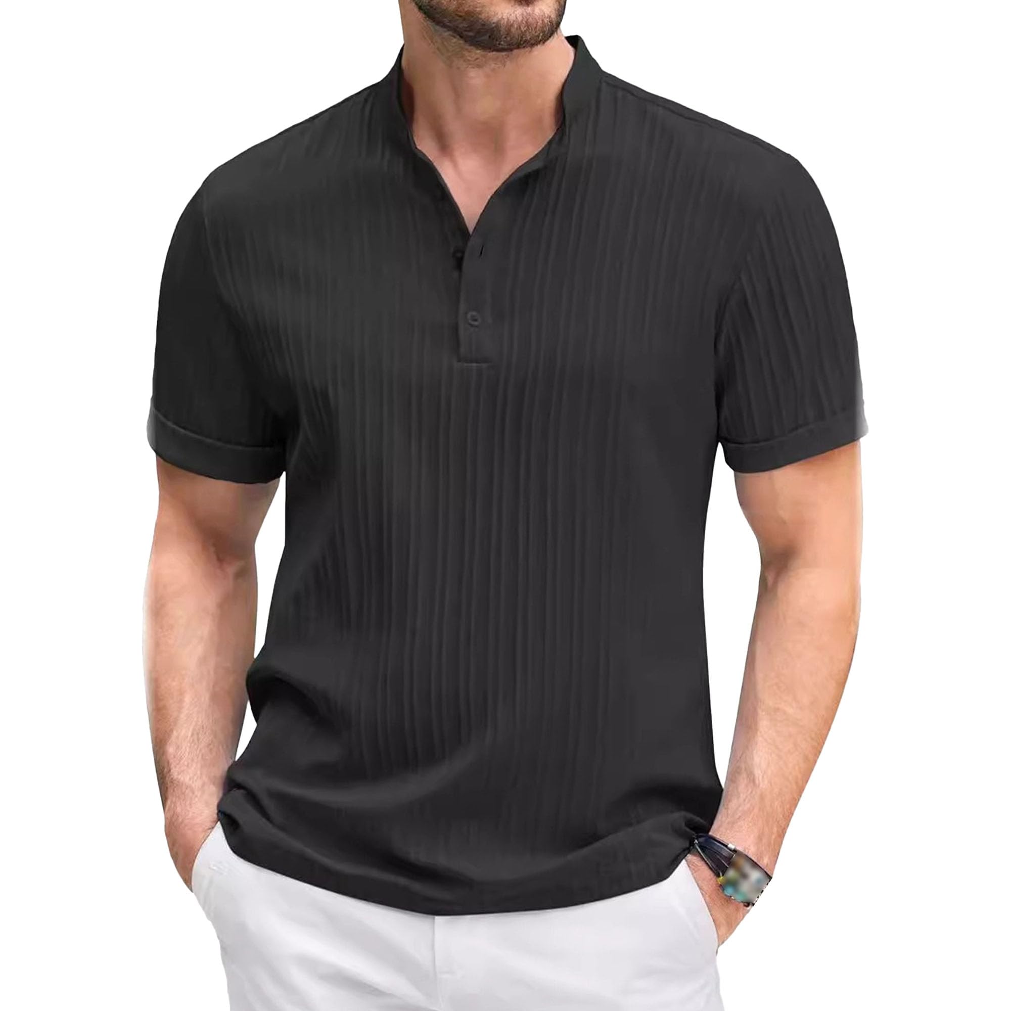 Men Retro Cotton Linen Striped Henry Shirt Classic Cozy Casual Loose Shirts Summer Quarter Button Leisure Pullover (Black,XX-Large)