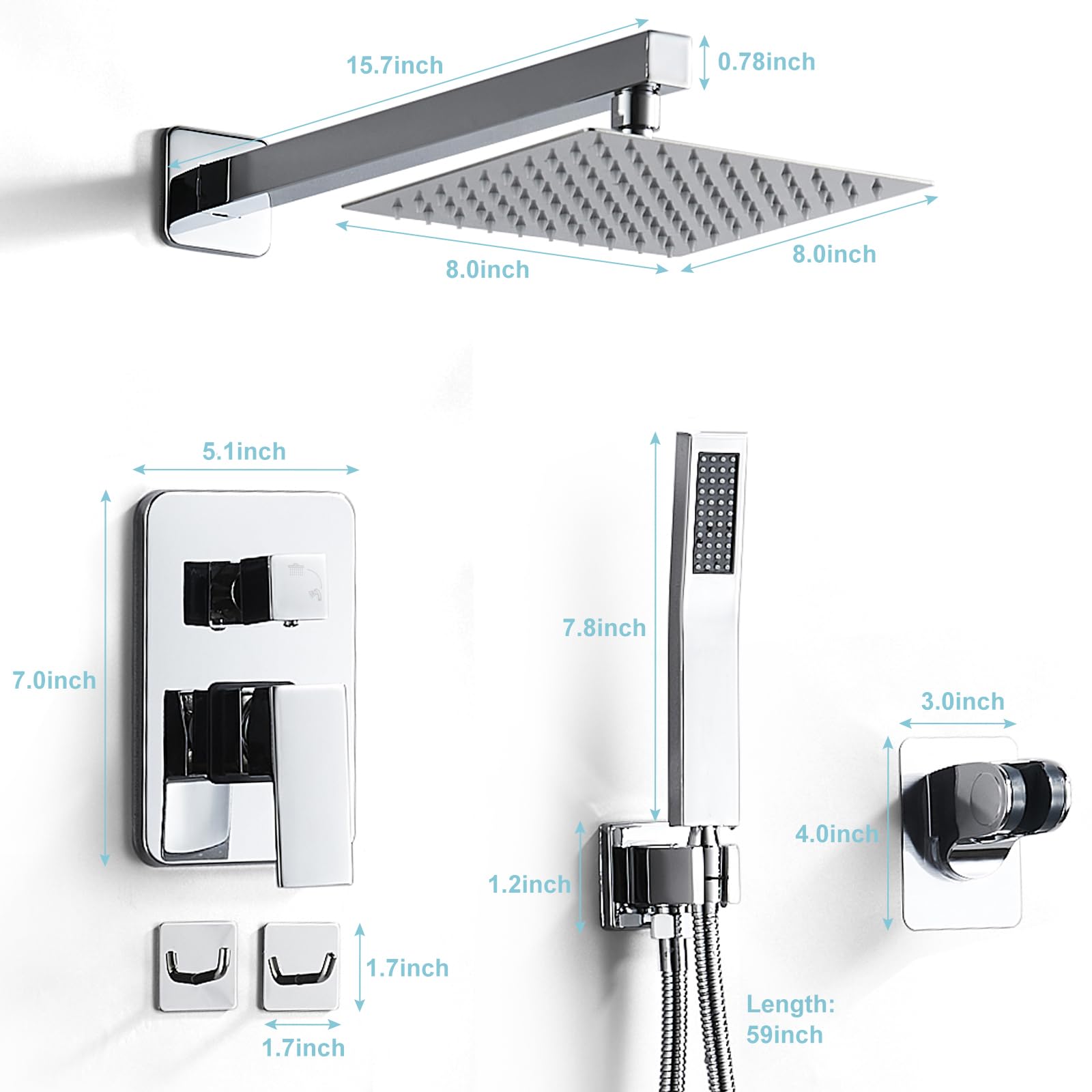 Chromowany system prysznicowy 20,3 cm, przenośna głowica deszczowa z deszczownicą, luksusowy kwadratowy zestaw prysznicowy do montażu na ścianie do łazienki z deszczownicą i przenośnym systemem