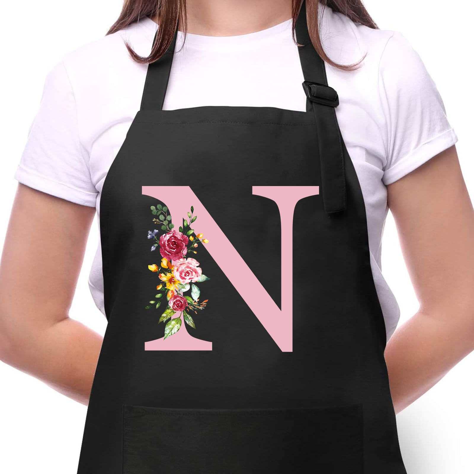 Delantal Cocina Mujer con Inicial y Flores, Delantales Impermeables con Bolsillos, Delantal de Barbacoa Ajustables para Cocina Café Jardinería Hornear, Regalo de Cumpleaños para Mamá Esposa Abuela N