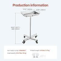 Vista 7 de VEVOR Mayo Stand, Bandeja Mayo de Acero Inoxidable, Capacidad de Carga hasta 36 libras, Altura Ajustable 31.9"-55", Bandeja Médica con Ruedas