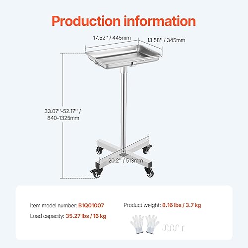 Miniatura 7 de VEVOR Mayo Stand, bandeja de acero inoxidable, capacidad de carga de hasta 36 libras, altura ajustable de 31.9-55 pulgadas, bandeja médica con