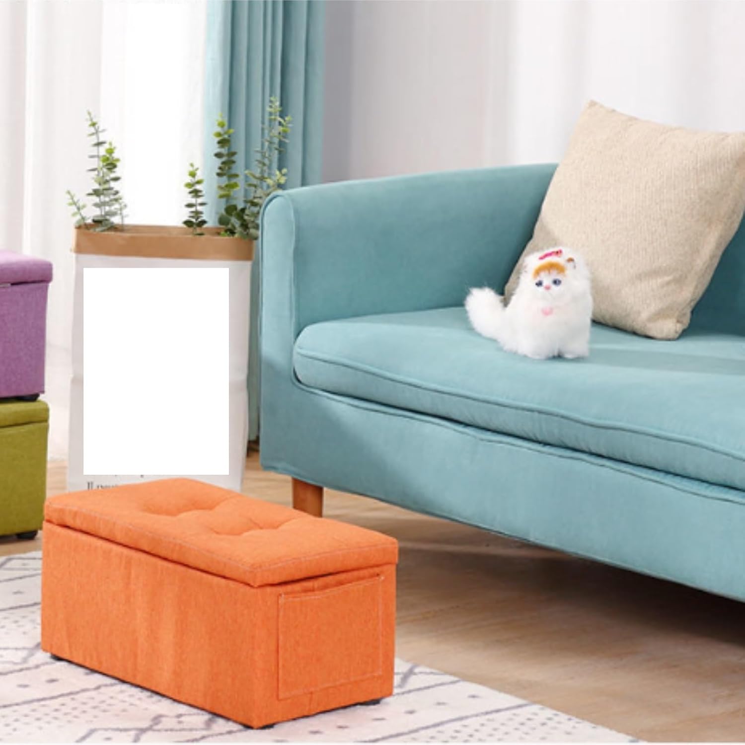 オットマンデスク下 足置き 多機能フットスツール 隠し収納コンパートメント サイドポケット 玄関 寝室適用(Khaki)