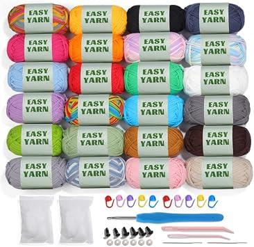 24 * 50g/1.76oz Crochet Yarn, 24 * 87yds Beginner Crochet Yarn | Beginner Easy Yarn for Crocheting with Easy-to-See Stitches, Worsted-Weight Medium #4 Blend Crochet Kit Making