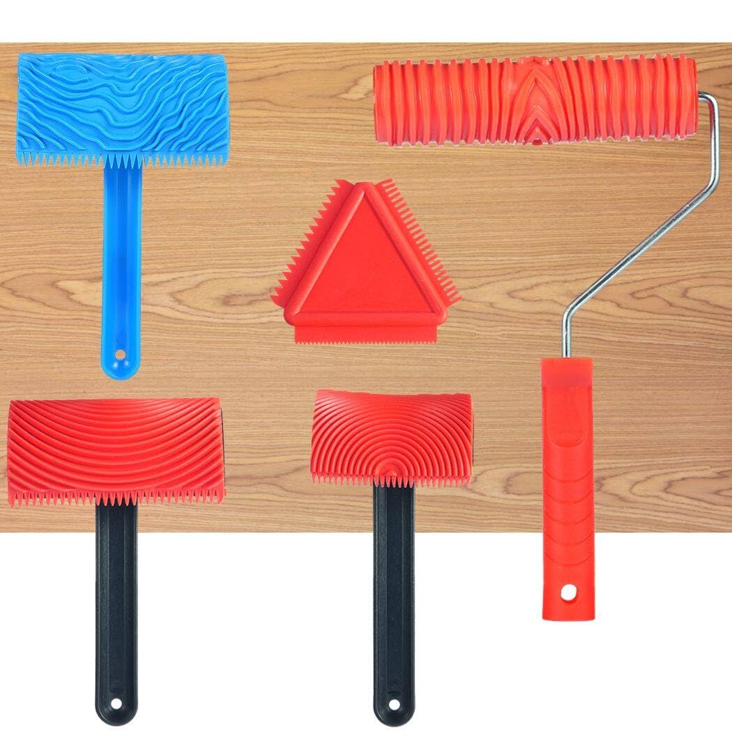 Combo de 5 herramientas de grano de madera, rodillos de goma para pintura artística, diseño de textura de madera de pared y muebles, kit de moleteado decorativo de imitación de grano de madera