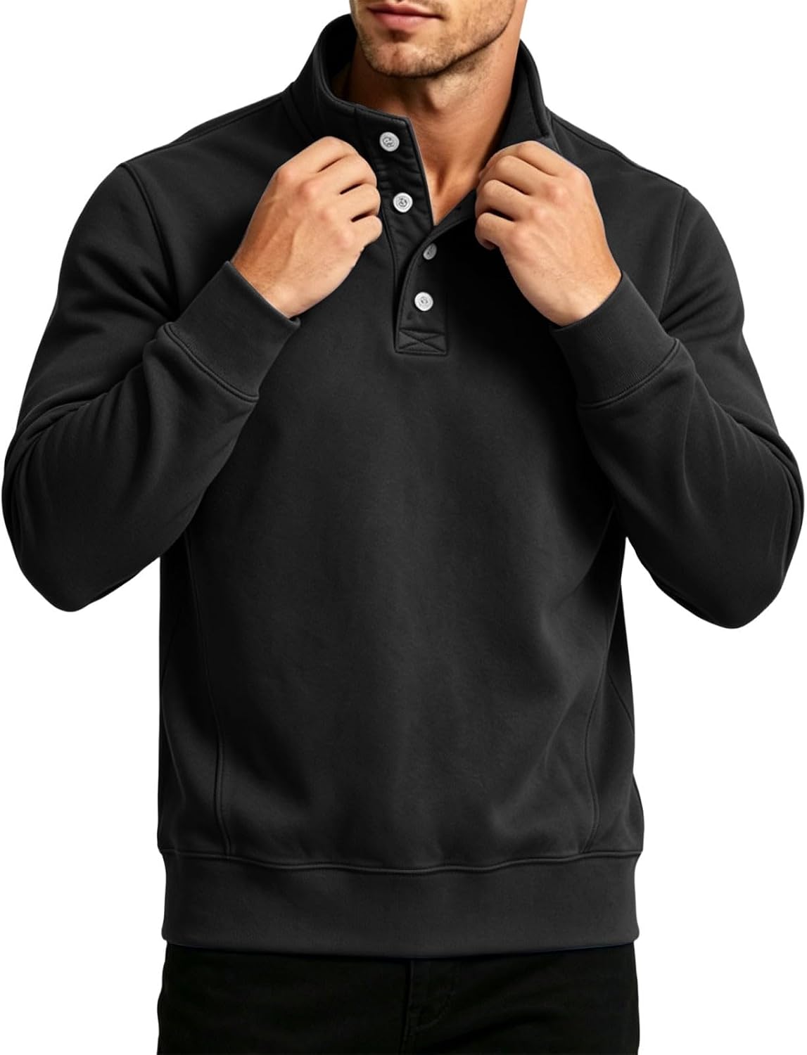 Men Stand Collar Button Front Sweatshirt Long Sleeve Loose Fit Solid Color Shirt Comfy Casual Work Pullover Blouses