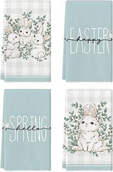 Artoid Mode Buffalo Plaid Bunny Rabbit Eucalyptus يترك مناشف مطبخ عيد الفصح السعيدة مناشف الأطباق ، 18x26 بوصة مناشف يدوية زخرفة موسمية من 4