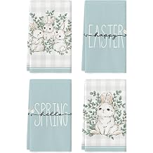 Artoid Mode Buffalo Plaid Bunny Rabbit Eucalyptus Leaves Happy Easter Kitchen Towels Dish Towels, 18x26 Inch Seasonal Spring Decoration Hand Towels Set of 4