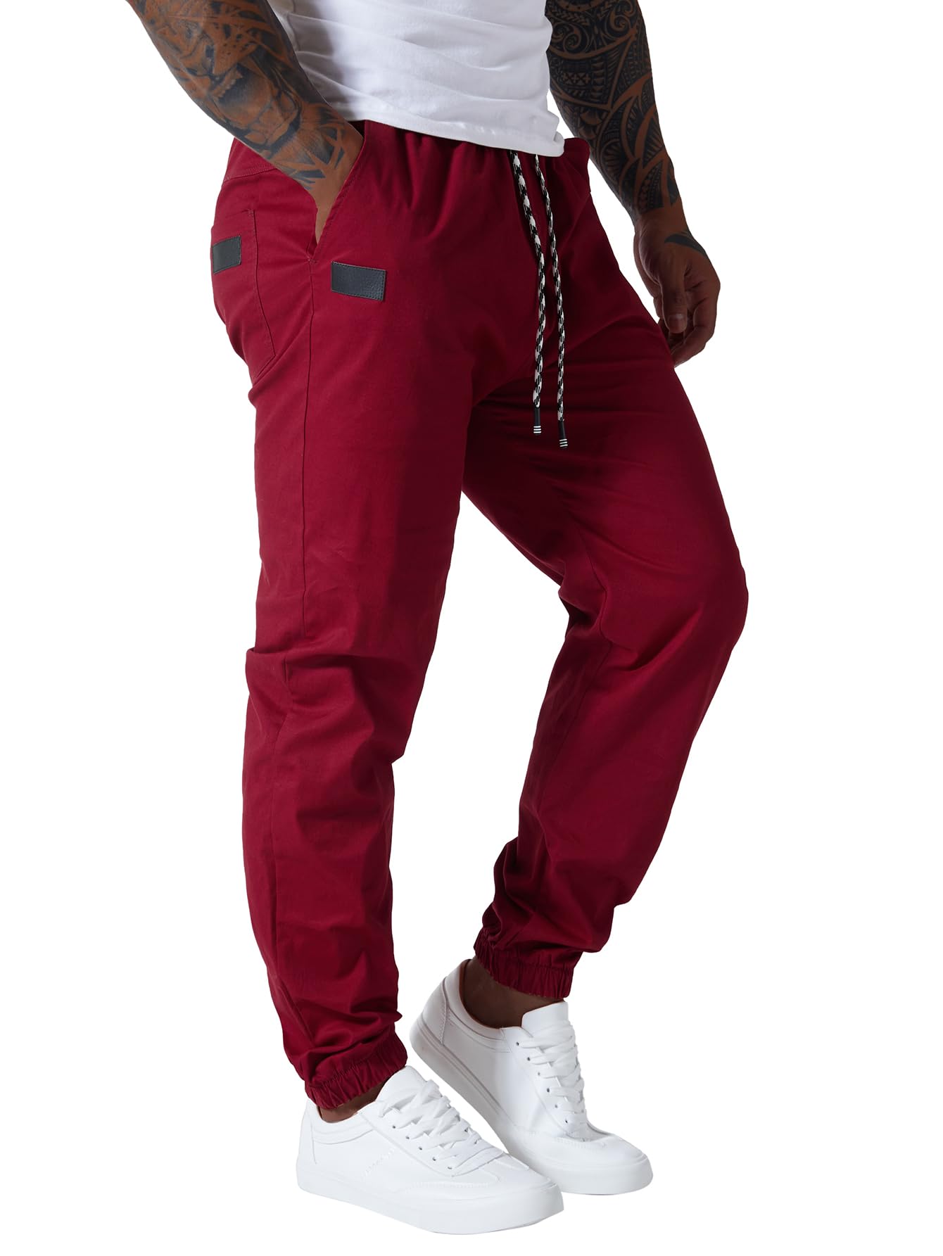 Punwet Men's Wine Red Casual Cargo Pants Outdoor Hiking Jogging Pants Joggers Sweatpants Cotton Track Workout Pants, Medium