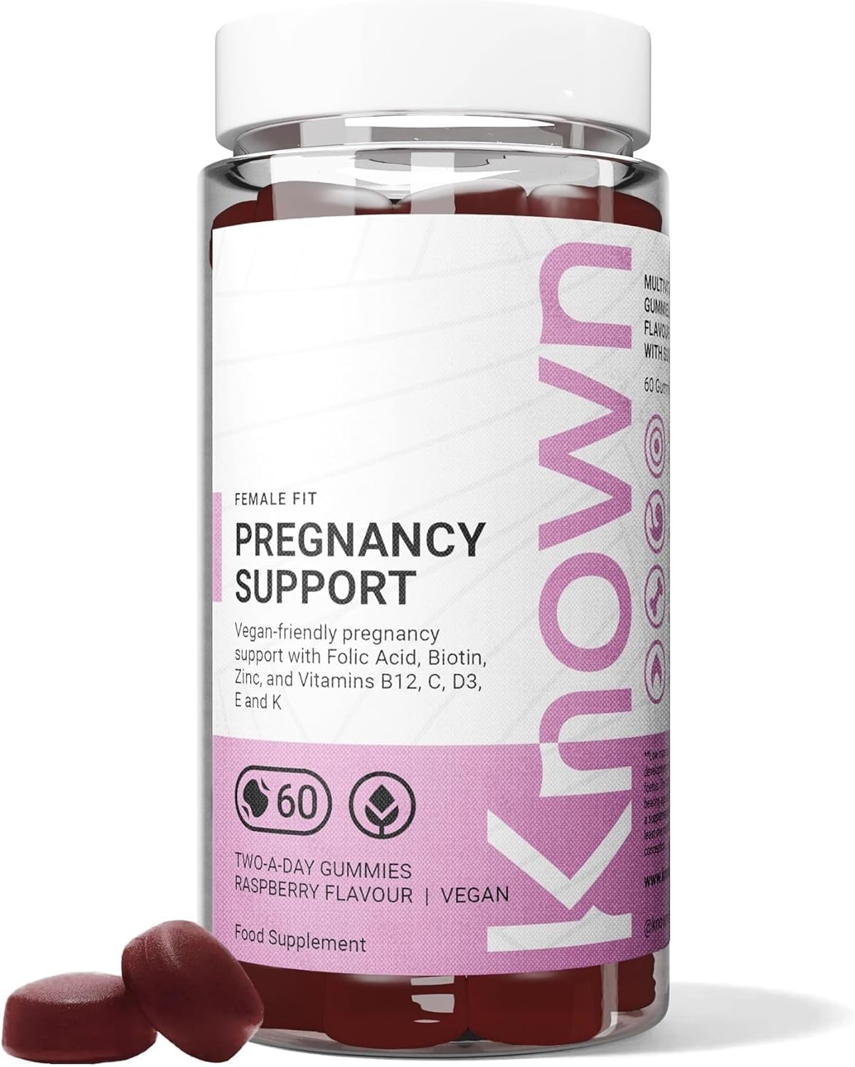 Pregnancy Support Gummies with 400mcg Folic Acid – Raspberry Flavour – Vegan Prenatal Multivitamin Gummy Supplement – with Vitamin D3, K, C, E, B12, Biotin & Zinc – 1 Month Supply