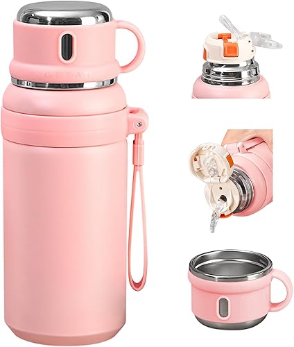 Botella de agua aislada de boca ancha de acero inoxidable 3 en 1 3 en 1 de doble pared a prueba de fugas, vaso de té con pajilla, taza, tapa y