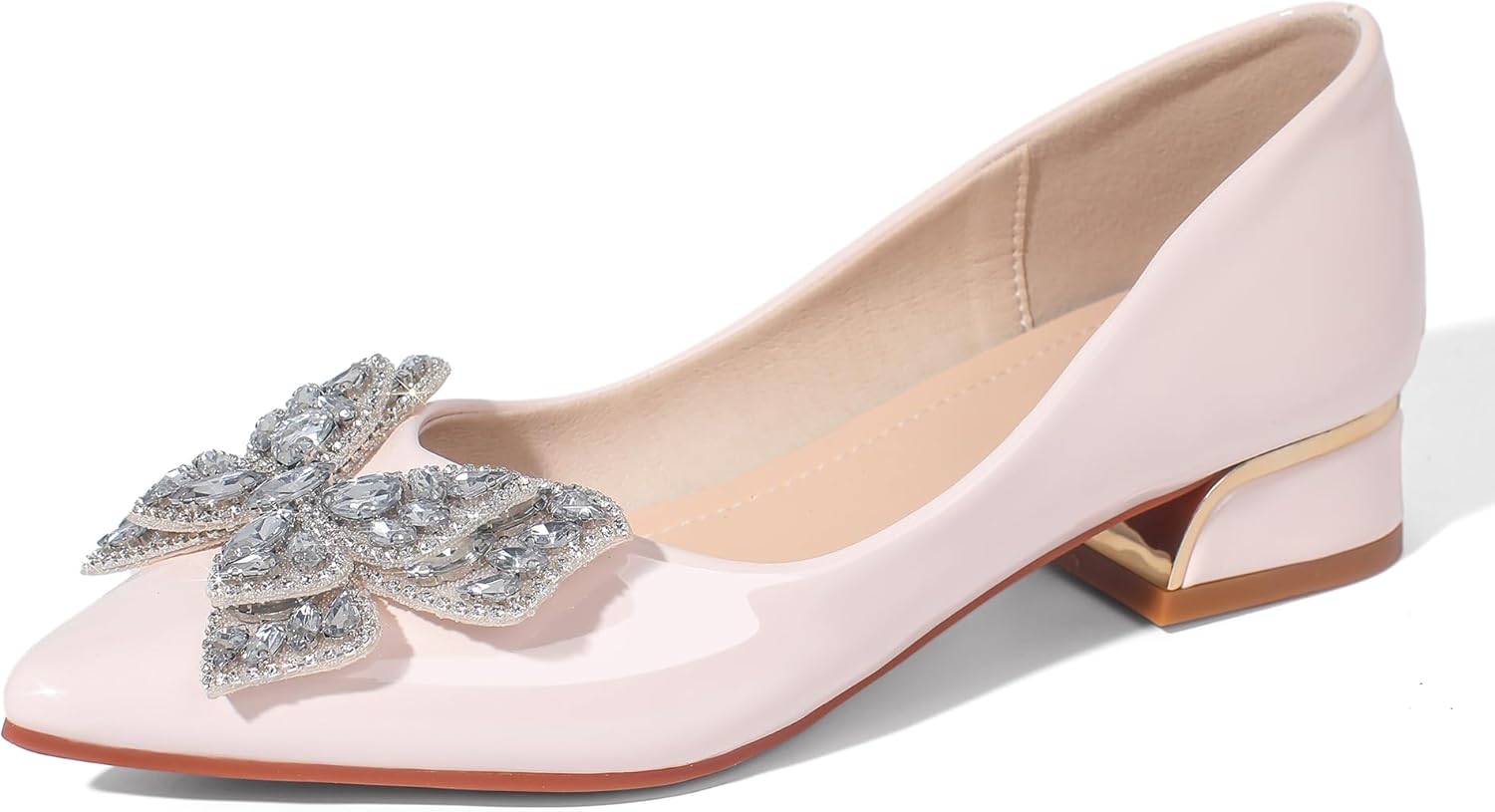 Women's Pumps Chunky Closed Toe Low Block Heels Work Rhinestone Comfortable Pointed Toe Dress Wedding Shoes