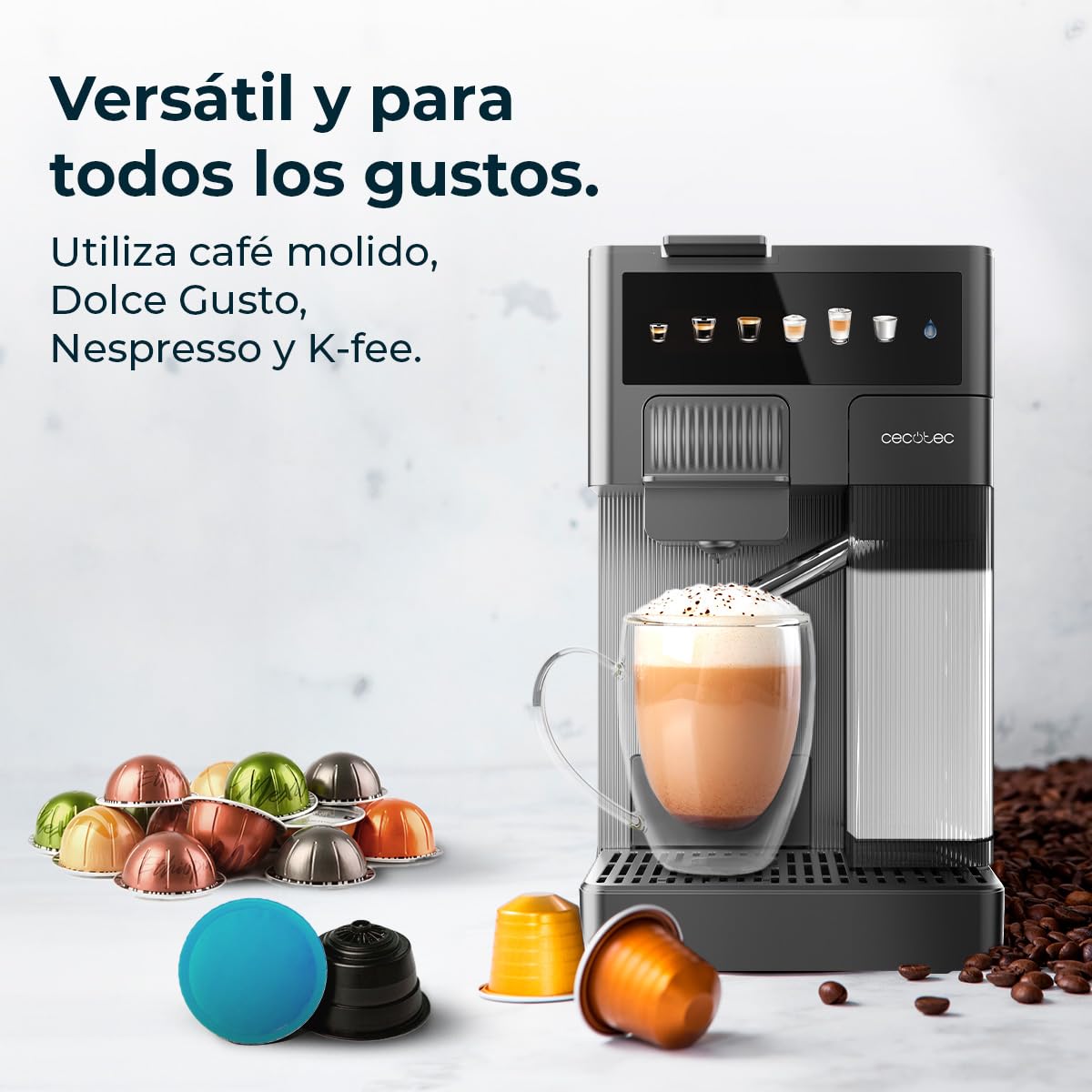 Cecotec Kompakte Espresso-Kaffeemaschine mit Milchbehälter FreeStyle Latte. 1350W, 20 Bar, kompatibel mit gemahlenem Kaffee, Dolce Gusto, Nespresso und K-fee, 1,6L Wassertank und 400ml Milchbehälter