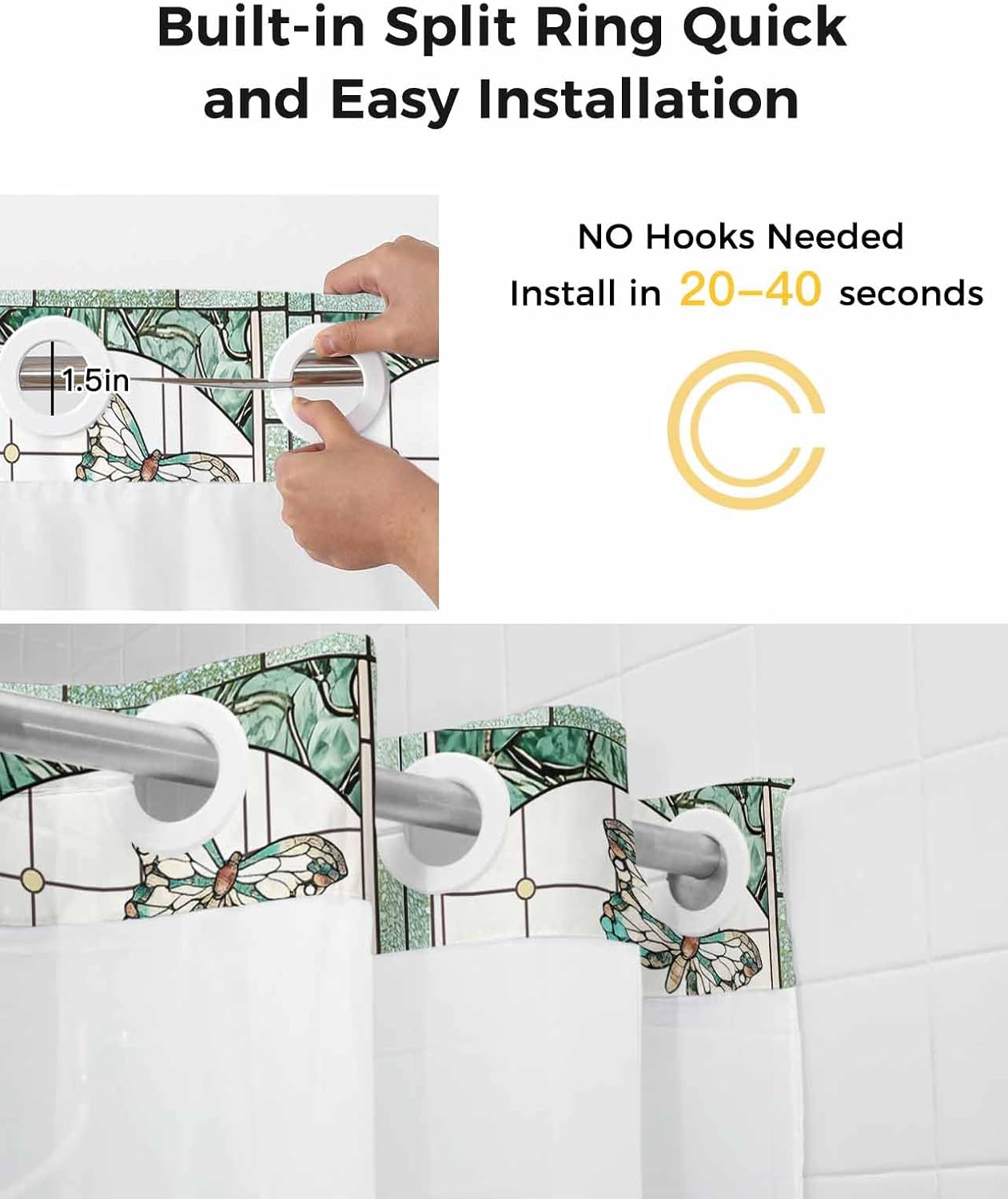 Vintage Flower Butterfly Shower Curtain, No Hook Shower Curtain with Snap in Liner, Green Plants Stained Glass Shower Curtains for Bathroom with See Through Top Window, Waterproof 36x72 Inch