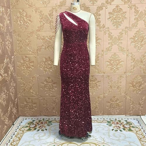 Image of Cololura Women Sequin Elegant Sexy One Shoulder Tassel Mermaid Bodycon Cocktail Evening Dress