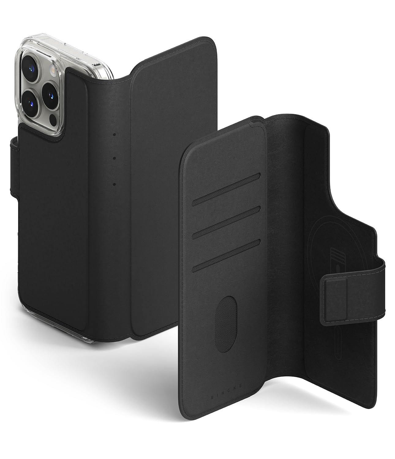Ringke Folio Wallet Magnetic Compatible con Funda iPhone 16 Pro MAX y iPhone 16 Plus [Aguanta hasta 3 Tarjetas] Funda Desmontable y Plegable de Cuero PU con Soporte y Ranuras para Tarjetas - Black